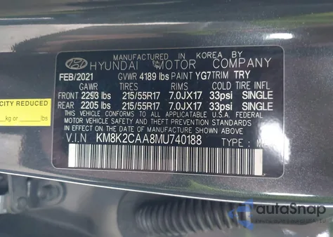 2021 Hyundai Kona Sel from USA, damaged, VIN KM8K2CAA8MU740188